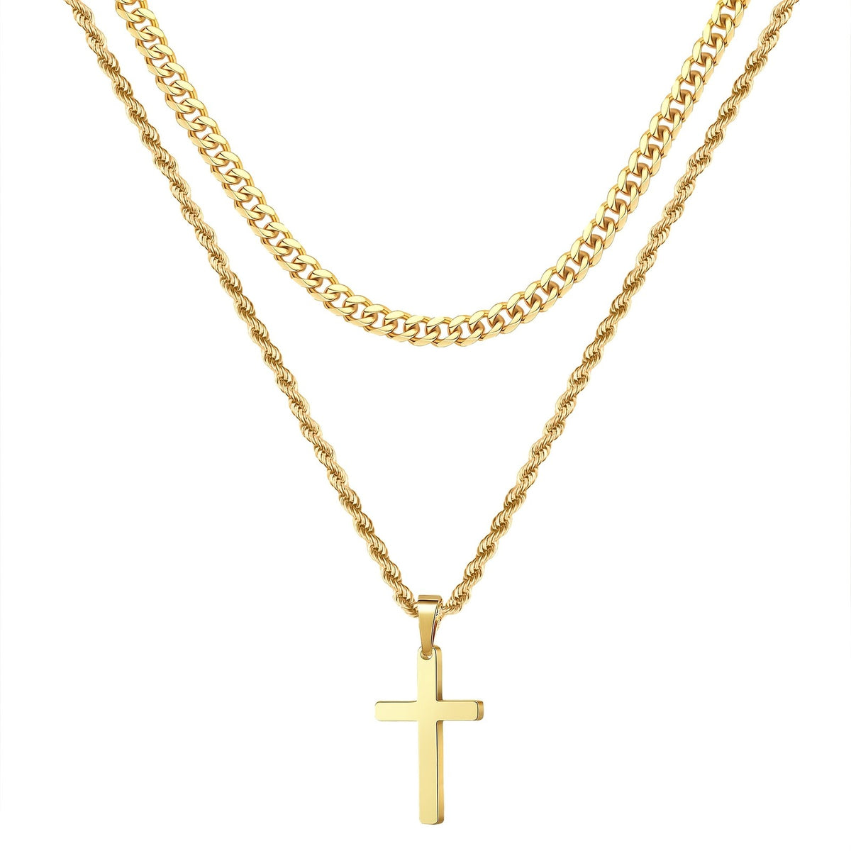 Double Layer Curb & Rope Cross Necklace