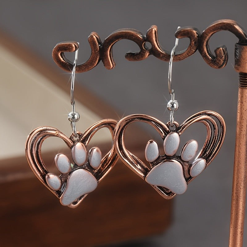Copper Wire Heart Paw Drop Earrings