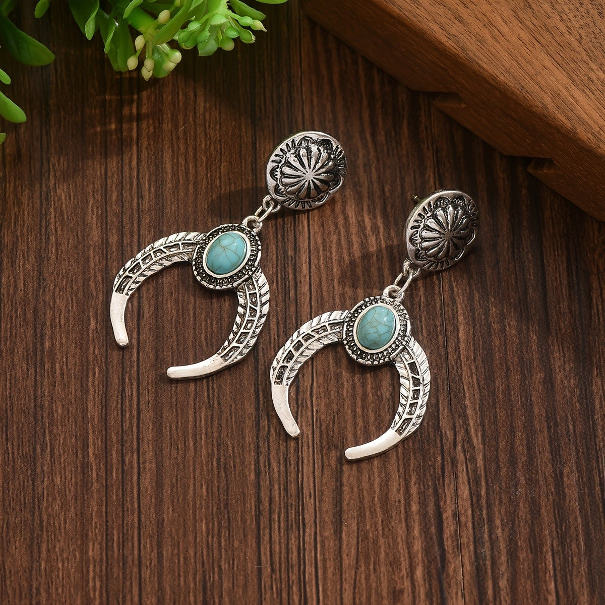 Crescent Moon & Green Stone Earrings