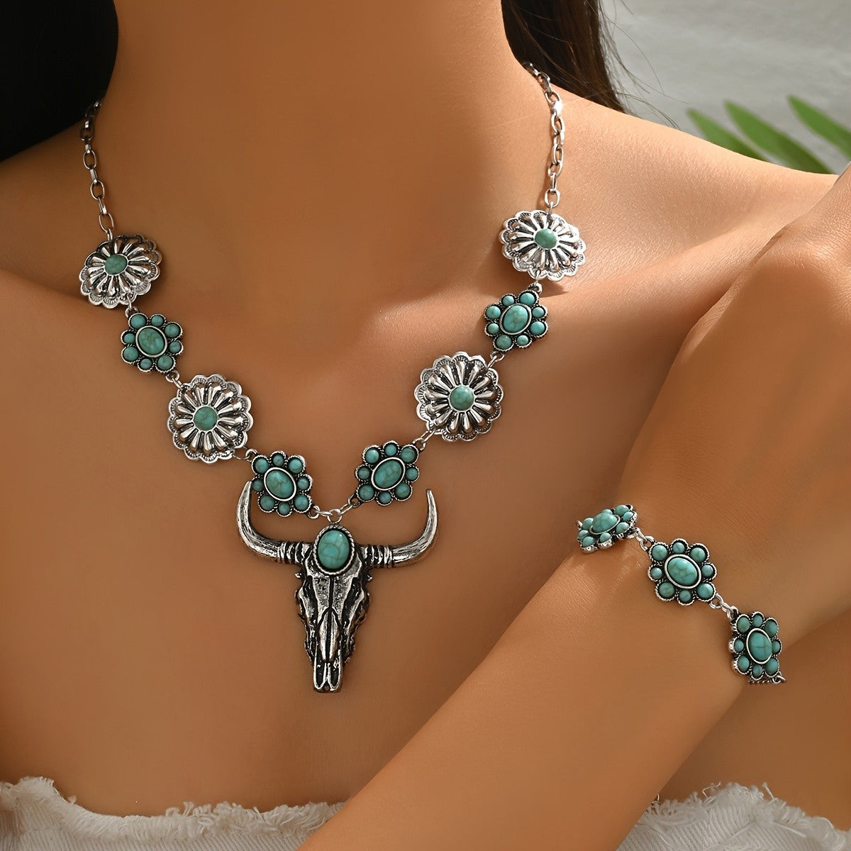 Turquoise Bull Skull & Flower Jewelry Set