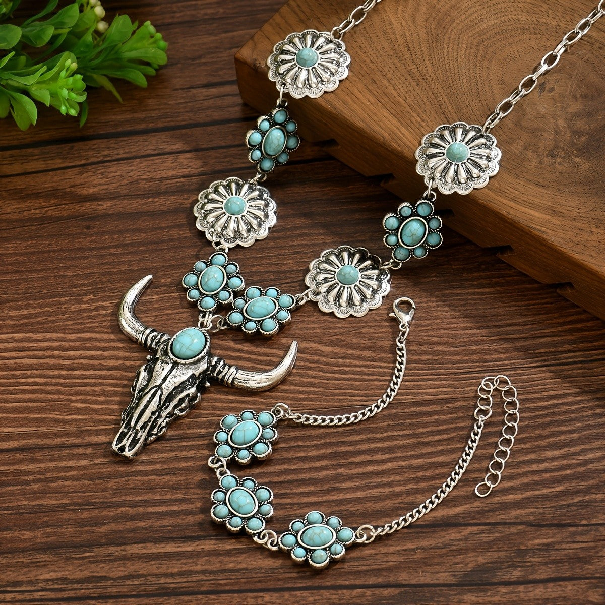 Turquoise Bull Skull & Flower Jewelry Set