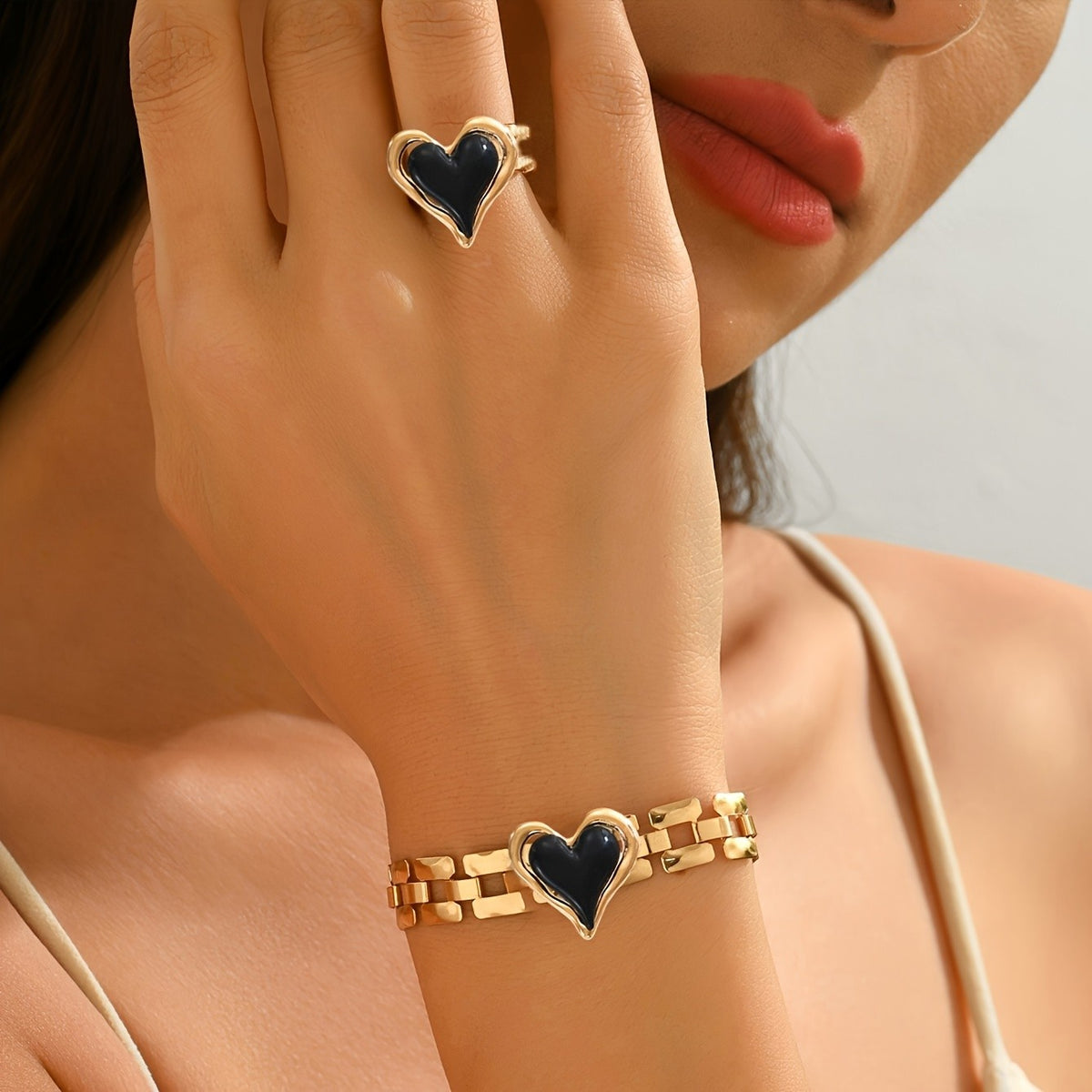 Black Enamel Heart Link Set