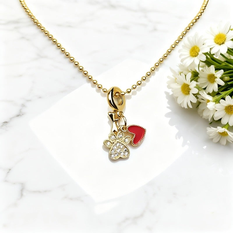 Red Heart & Crystal Paw Print Necklace
