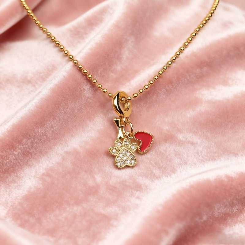 Red Heart & Crystal Paw Print Necklace