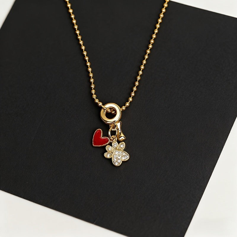 Red Heart & Crystal Paw Print Necklace