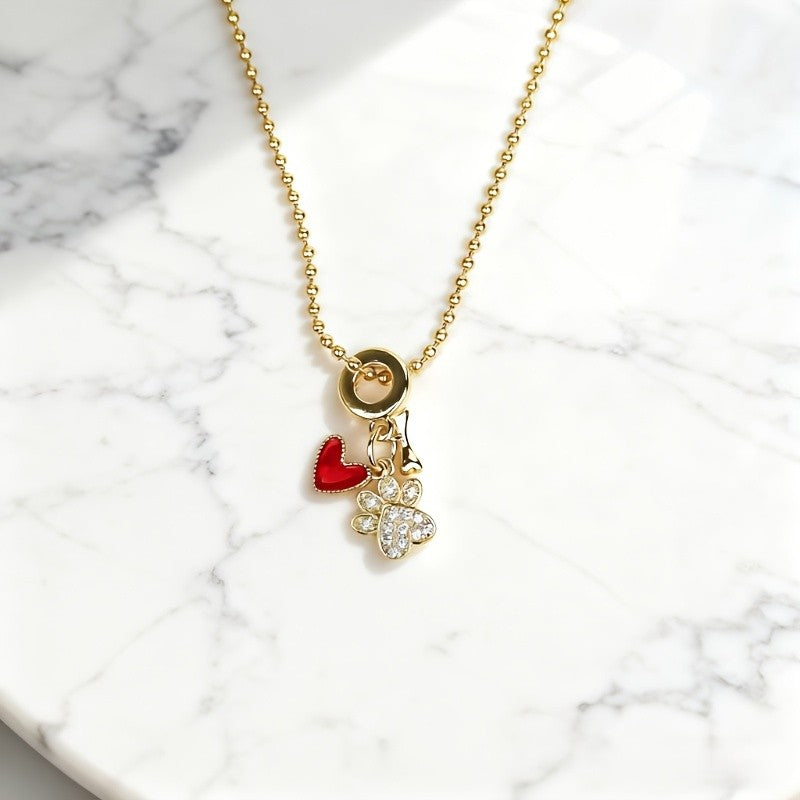 Red Heart & Crystal Paw Print Necklace