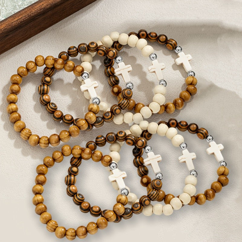 Wooden Cross Bead Bracelet Set