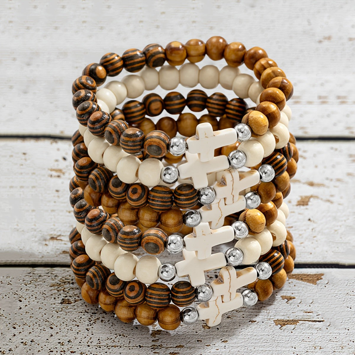 Wooden Cross Bead Bracelet Set