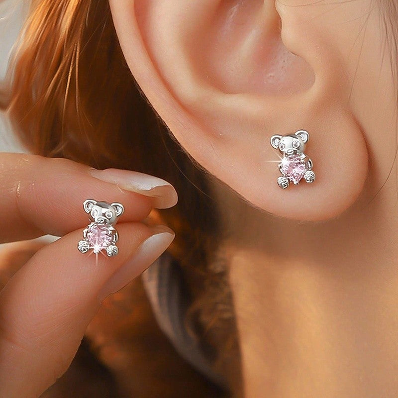 Pink Heart Bear Stud Earrings