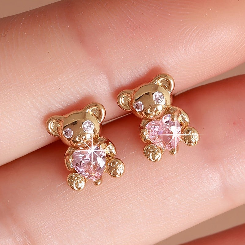 Pink Heart Bear Stud Earrings