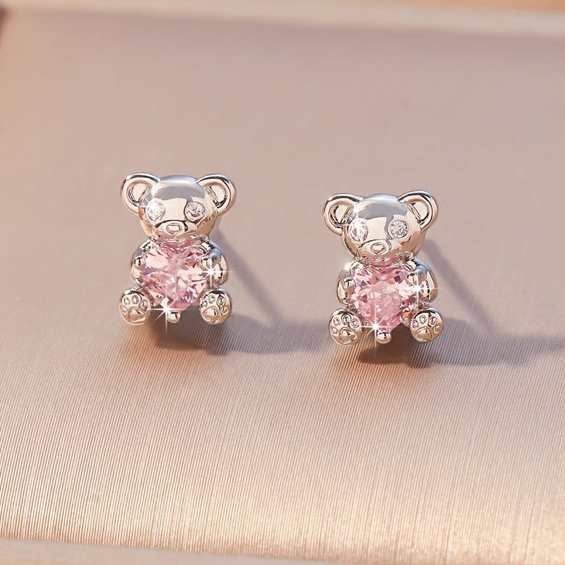 Pink Heart Bear Stud Earrings