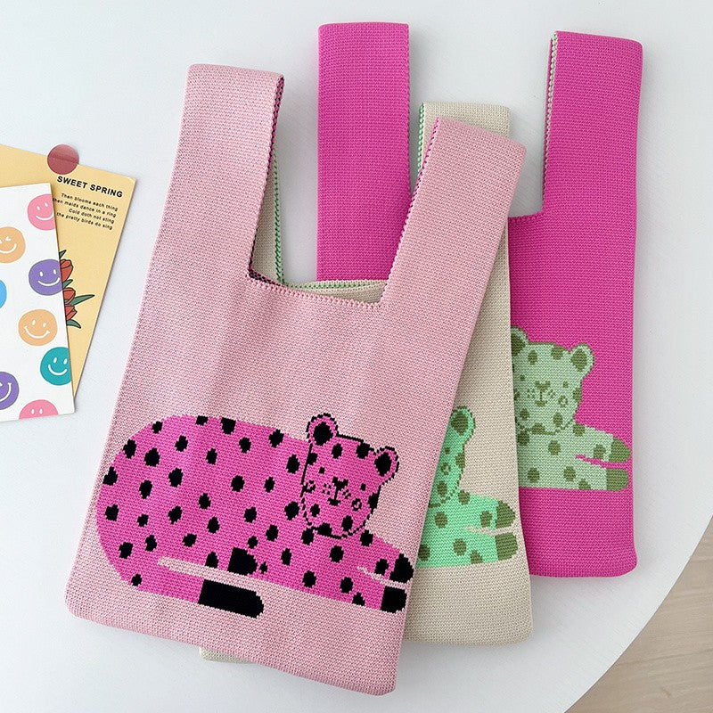 Leopard Print Knit Tote Bag