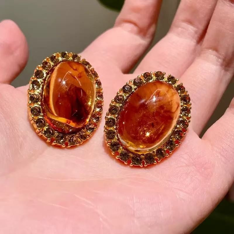 Amber Halo Oval Stud Earrings