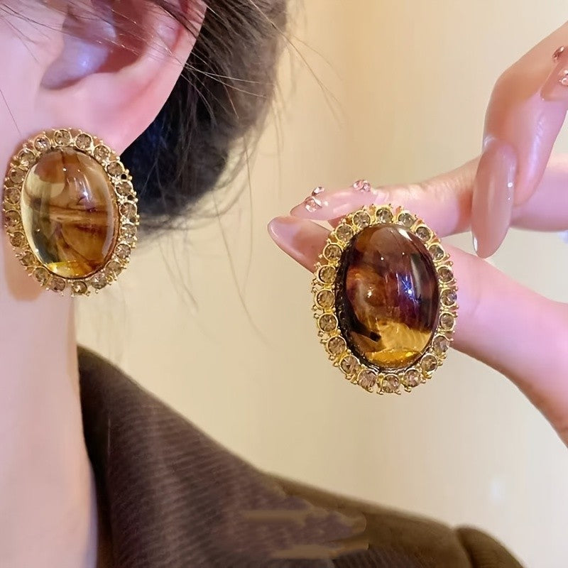 Amber Halo Oval Stud Earrings