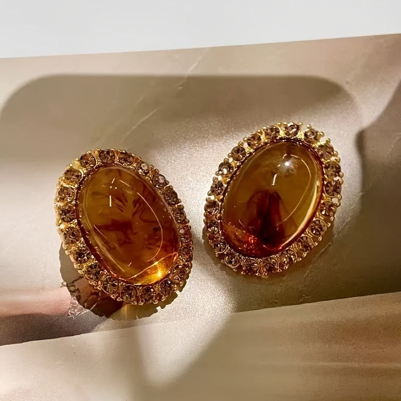 Amber Halo Oval Stud Earrings