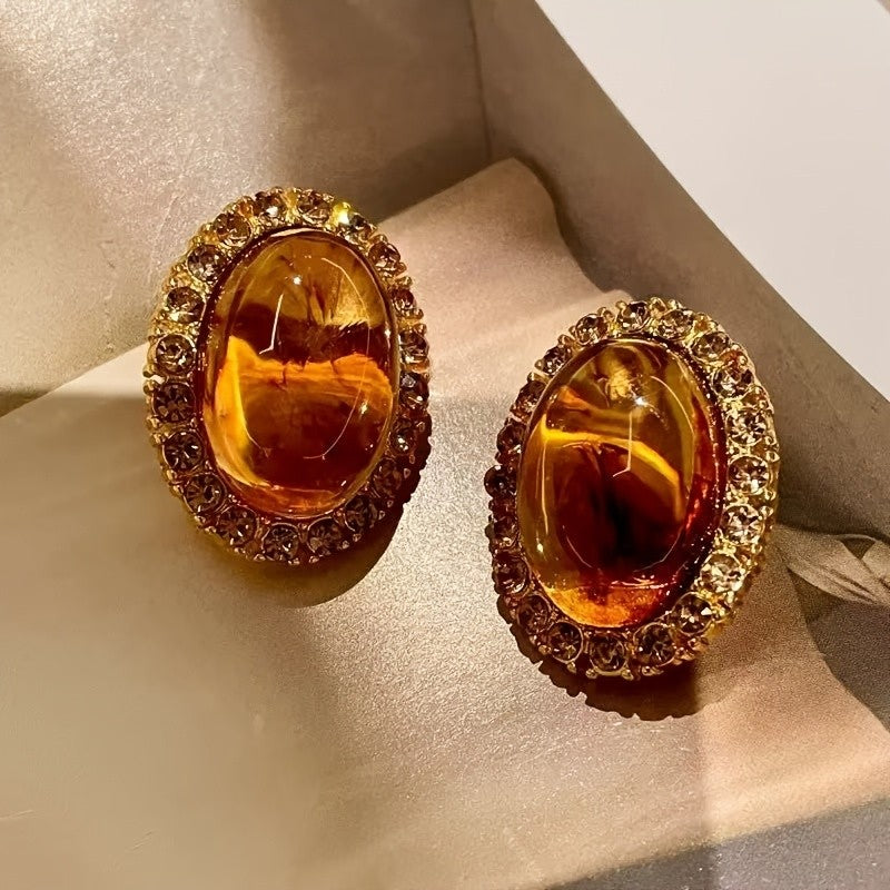 Amber Halo Oval Stud Earrings