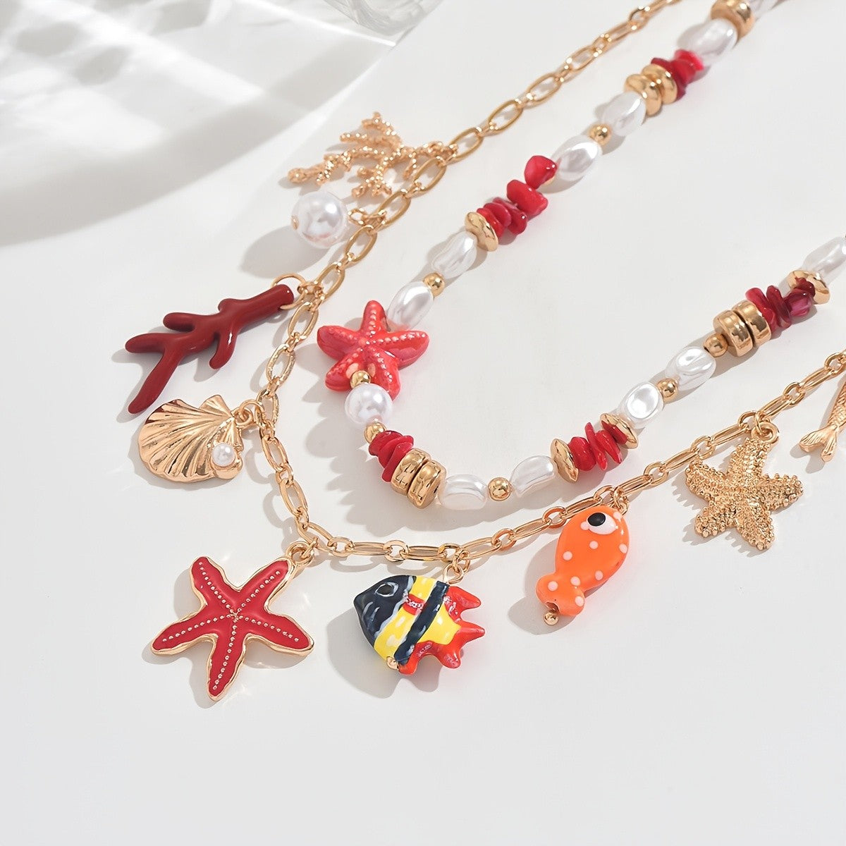 Red Starfish & Fish Charm Necklace
