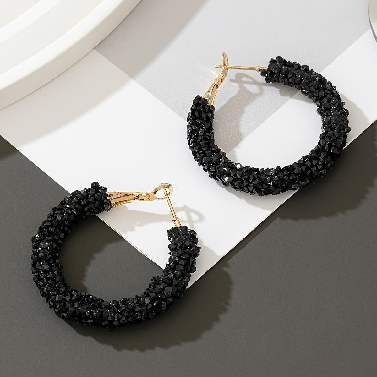 Black Crystal Hoop Earrings