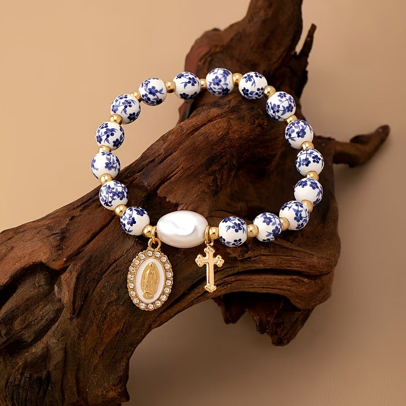 Blue Porcelain Bead & Cross Bracelet