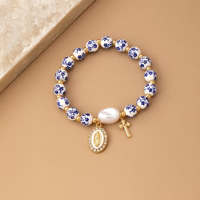 Blue Porcelain Bead & Cross Bracelet