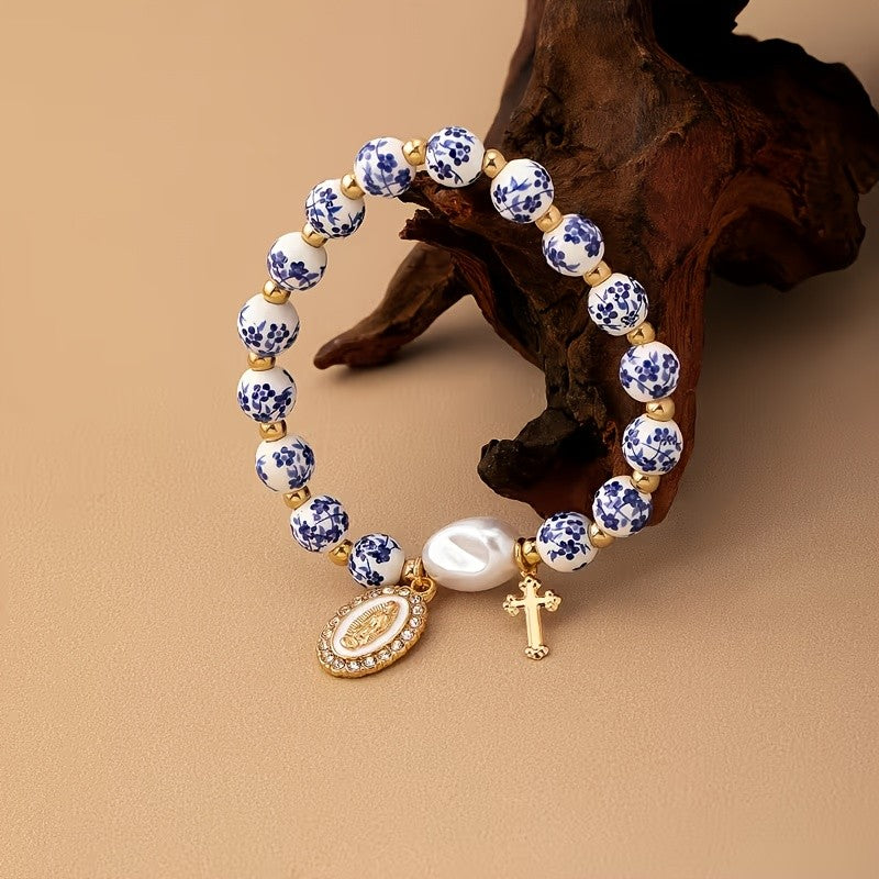 Blue Porcelain Bead & Cross Bracelet