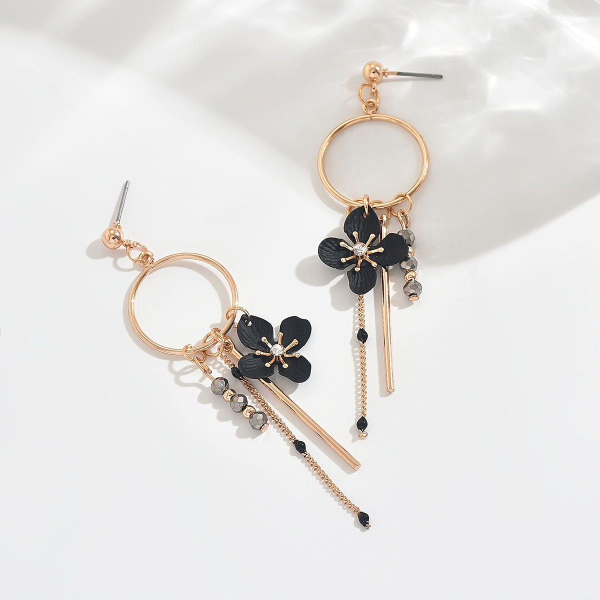 Black Floral Hoop Drop Earrings