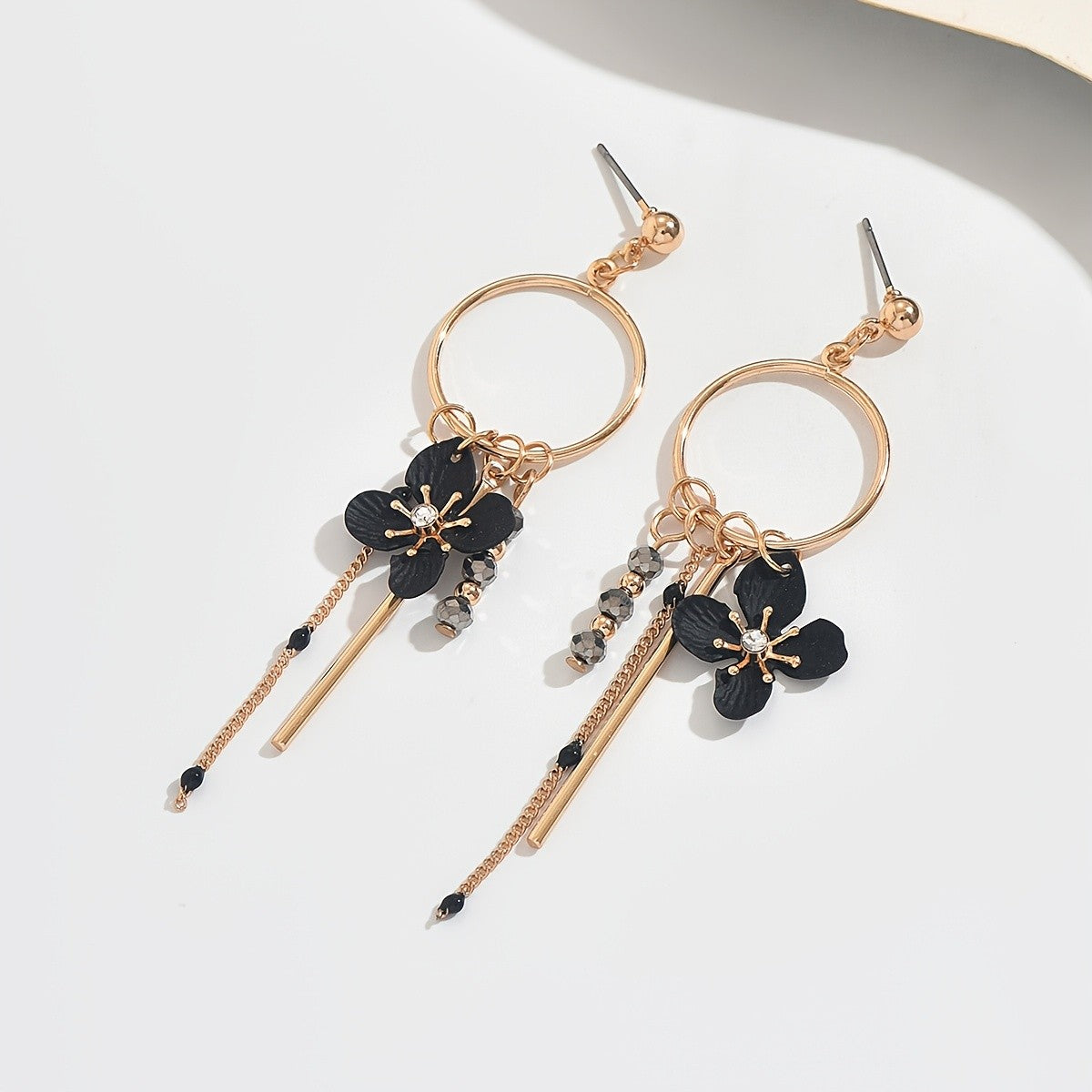 Black Floral Hoop Drop Earrings