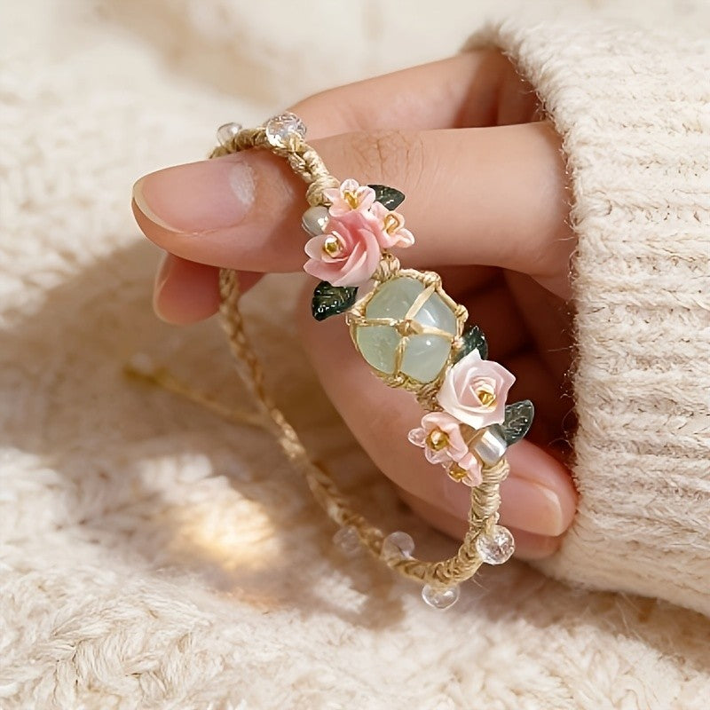 Pink Rose & Green Stone Bracelet