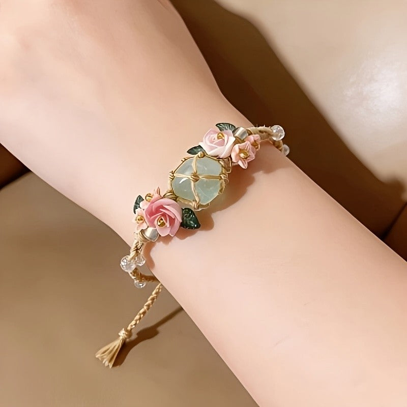 Pink Rose & Green Stone Bracelet