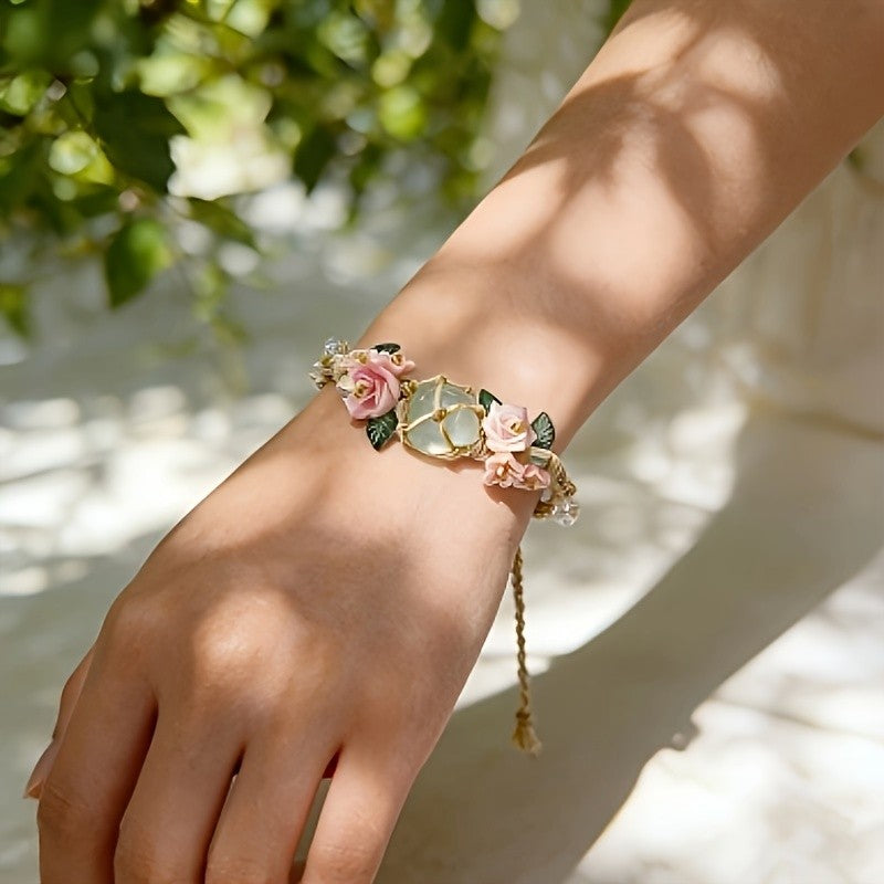 Pink Rose & Green Stone Bracelet