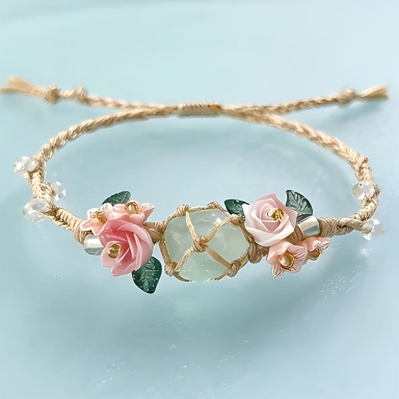 Pink Rose & Green Stone Bracelet