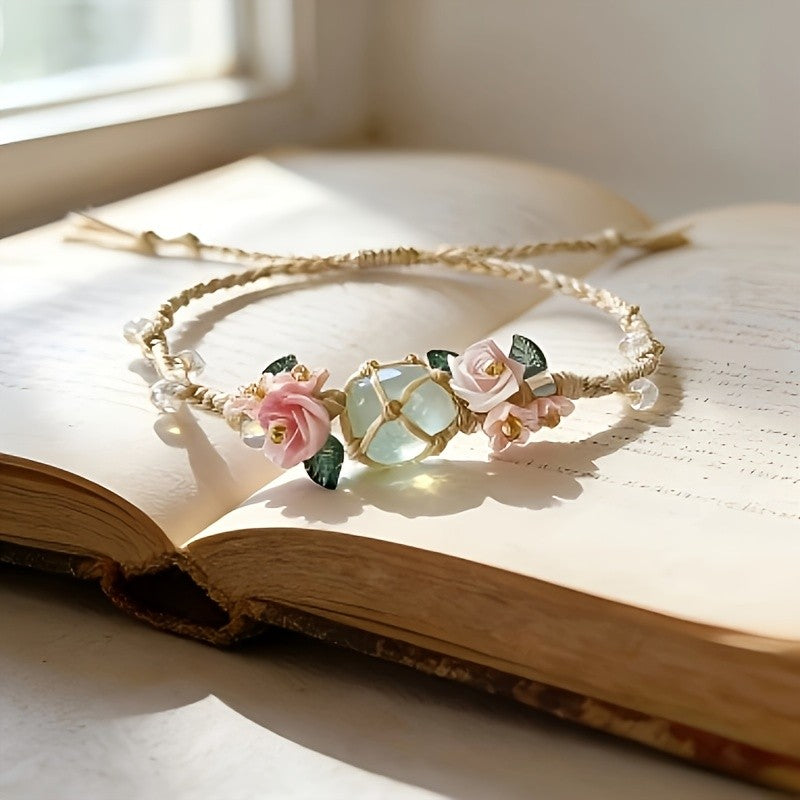 Pink Rose & Green Stone Bracelet
