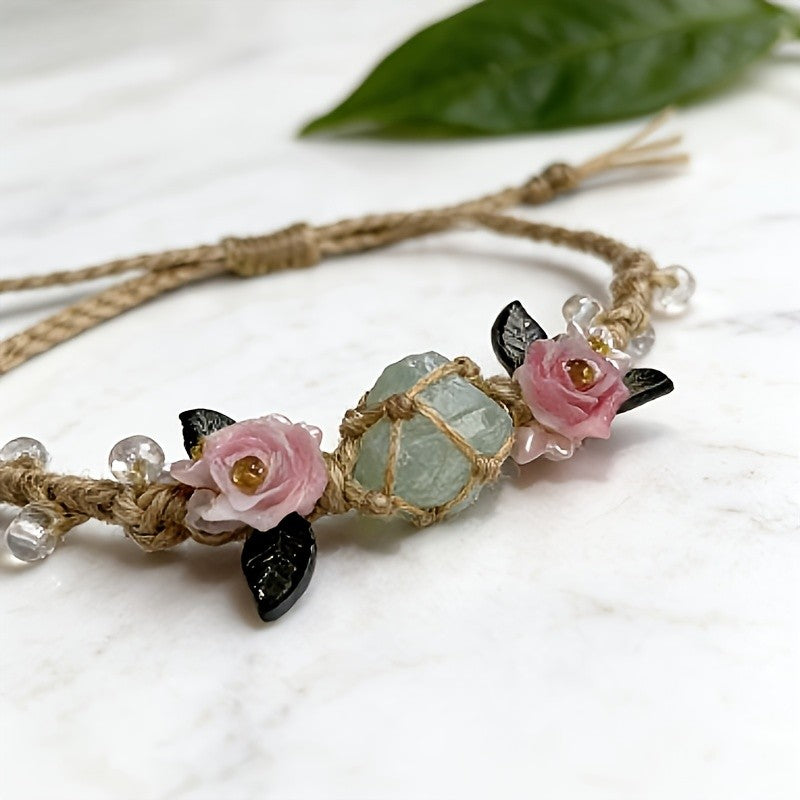 Pink Rose & Green Stone Bracelet