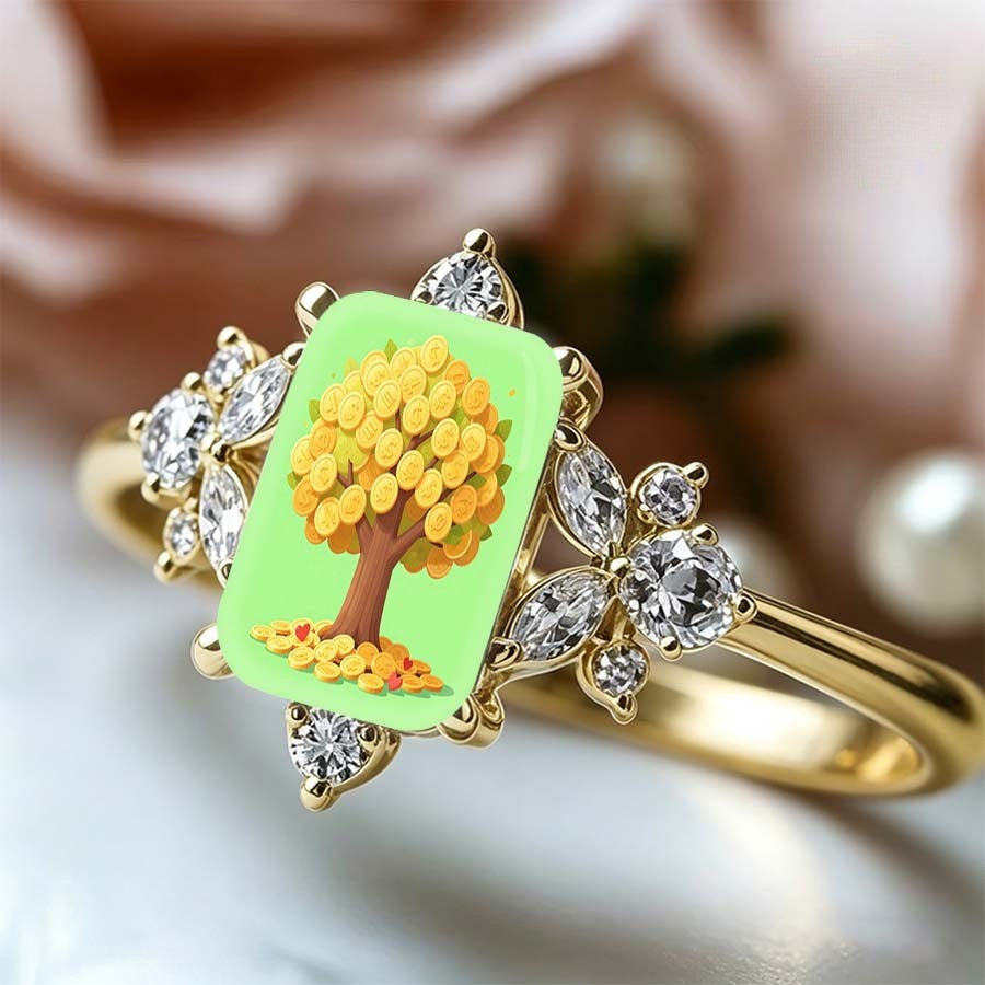 Golden Coin Tree Square Ring