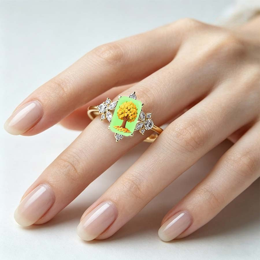 Golden Coin Tree Square Ring