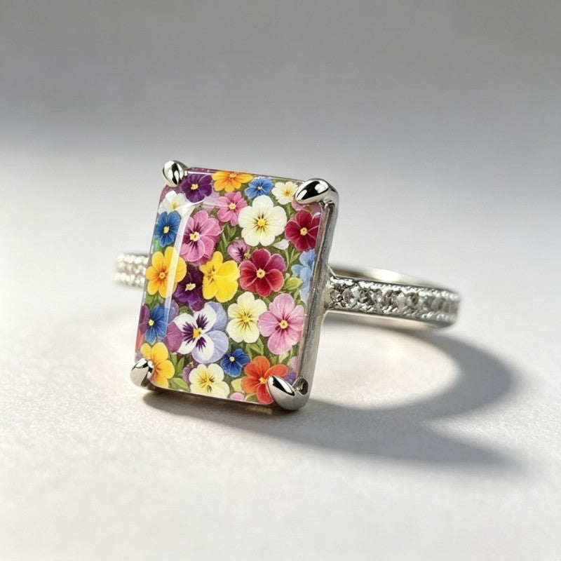Multicolor Floral Square Ring