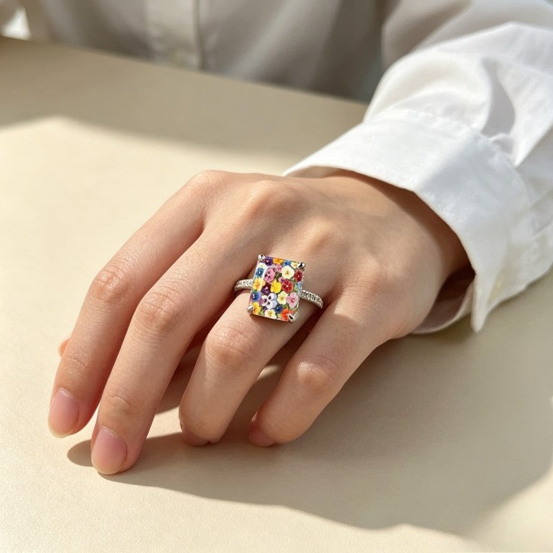 Multicolor Floral Square Ring
