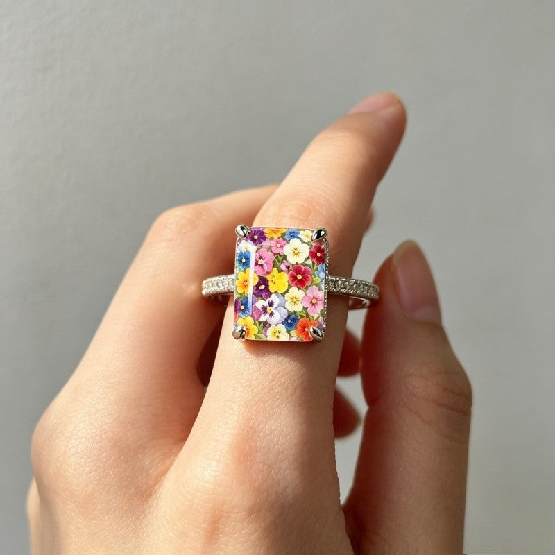 Multicolor Floral Square Ring