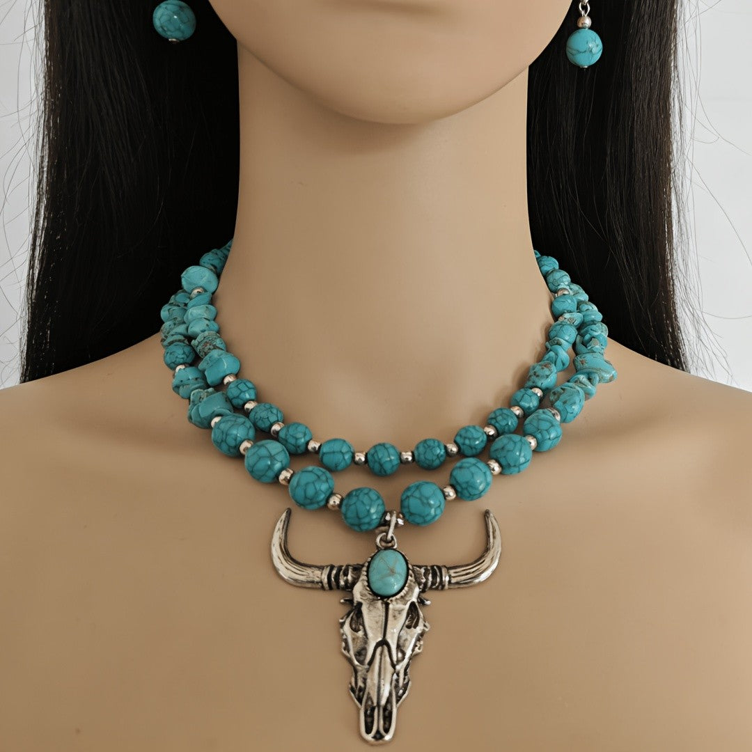 Turquoise Bull Skull Layered Necklace
