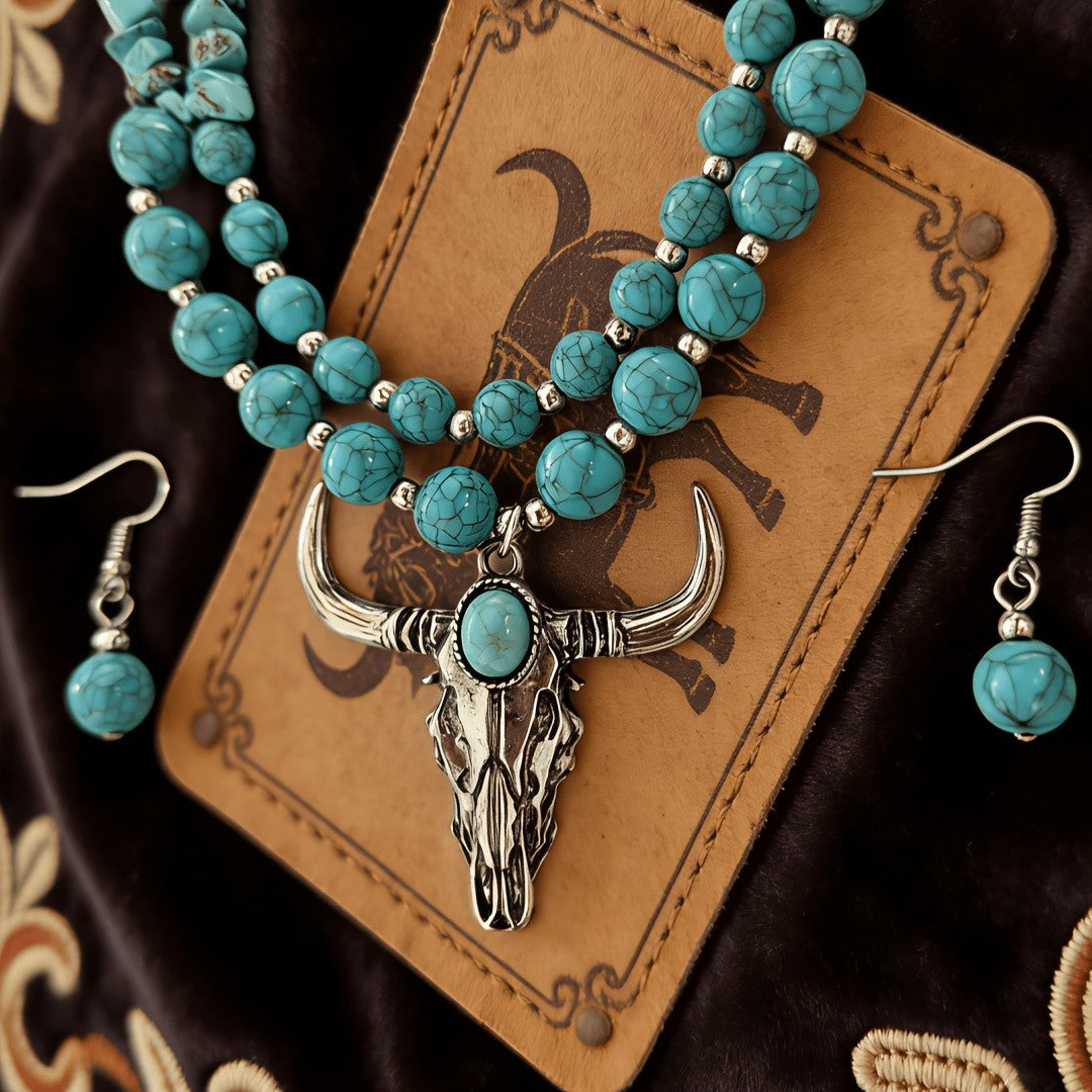 Turquoise Bull Skull Layered Necklace
