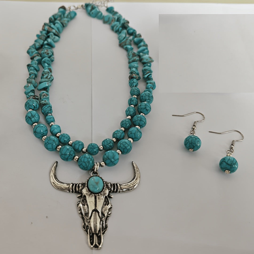 Turquoise Bull Skull Layered Necklace