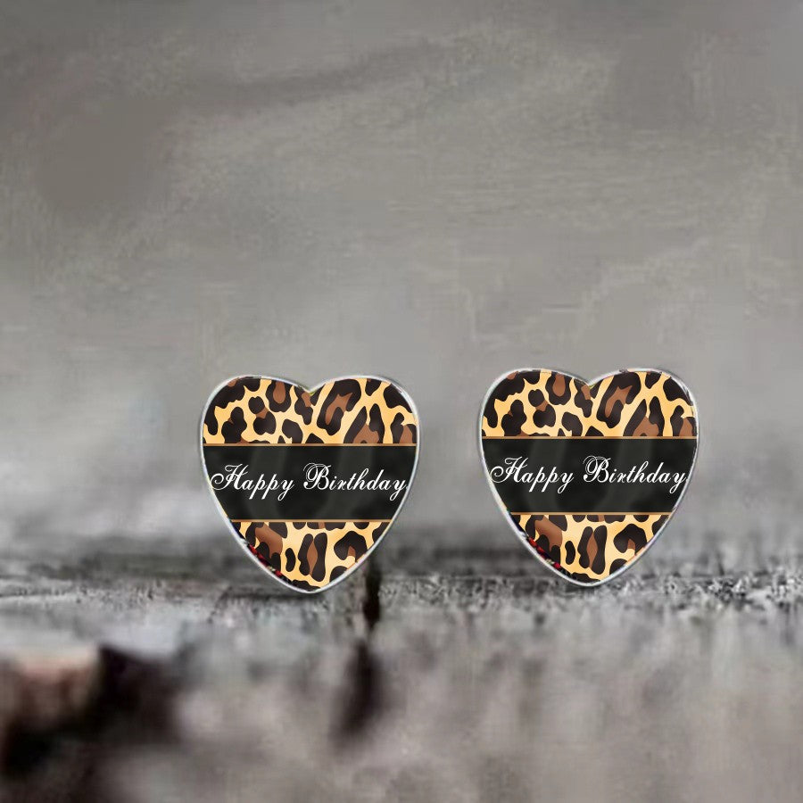 Leopard Print Happy Birthday Heart Earrings