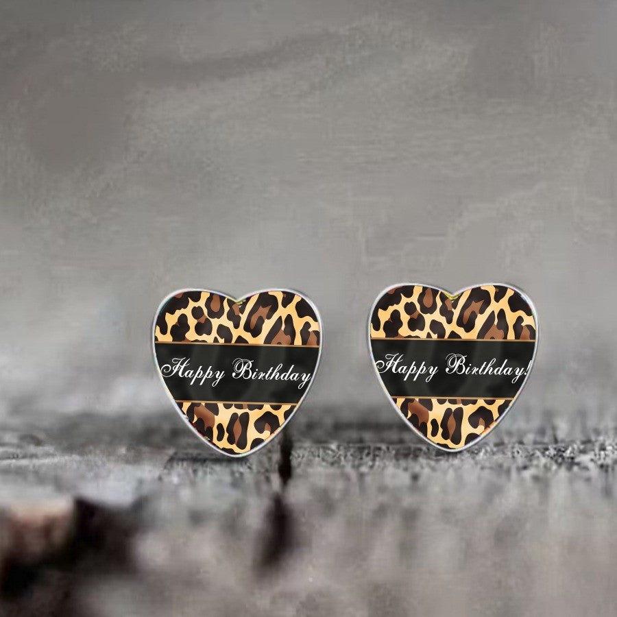 Leopard Print Happy Birthday Heart Earrings
