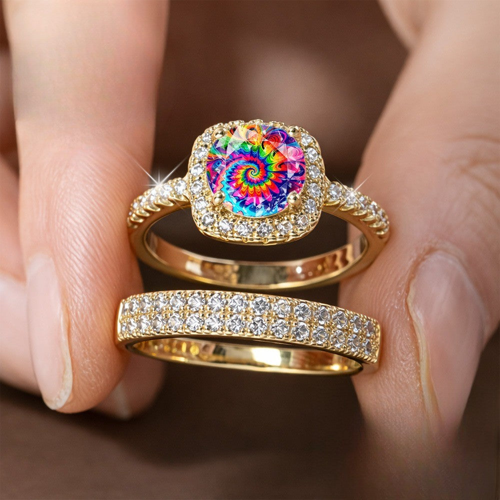 Rainbow Spiral & Crystal Ring Set
