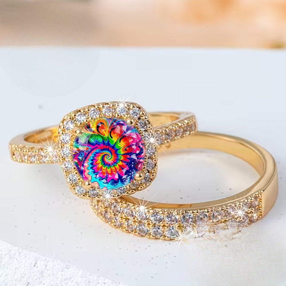 Rainbow Spiral & Crystal Ring Set