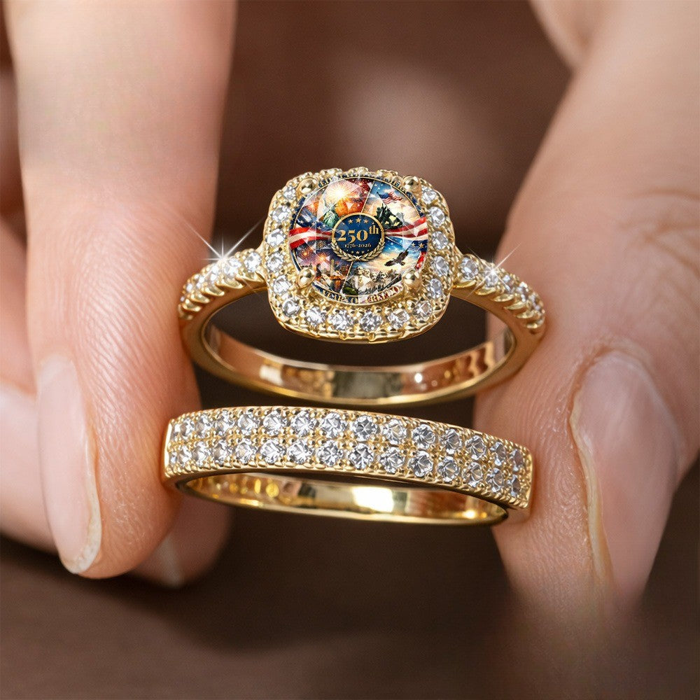 Square Crystal Commemorative Ring Set