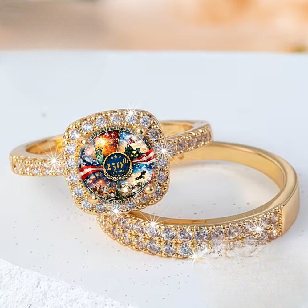 Square Crystal Commemorative Ring Set