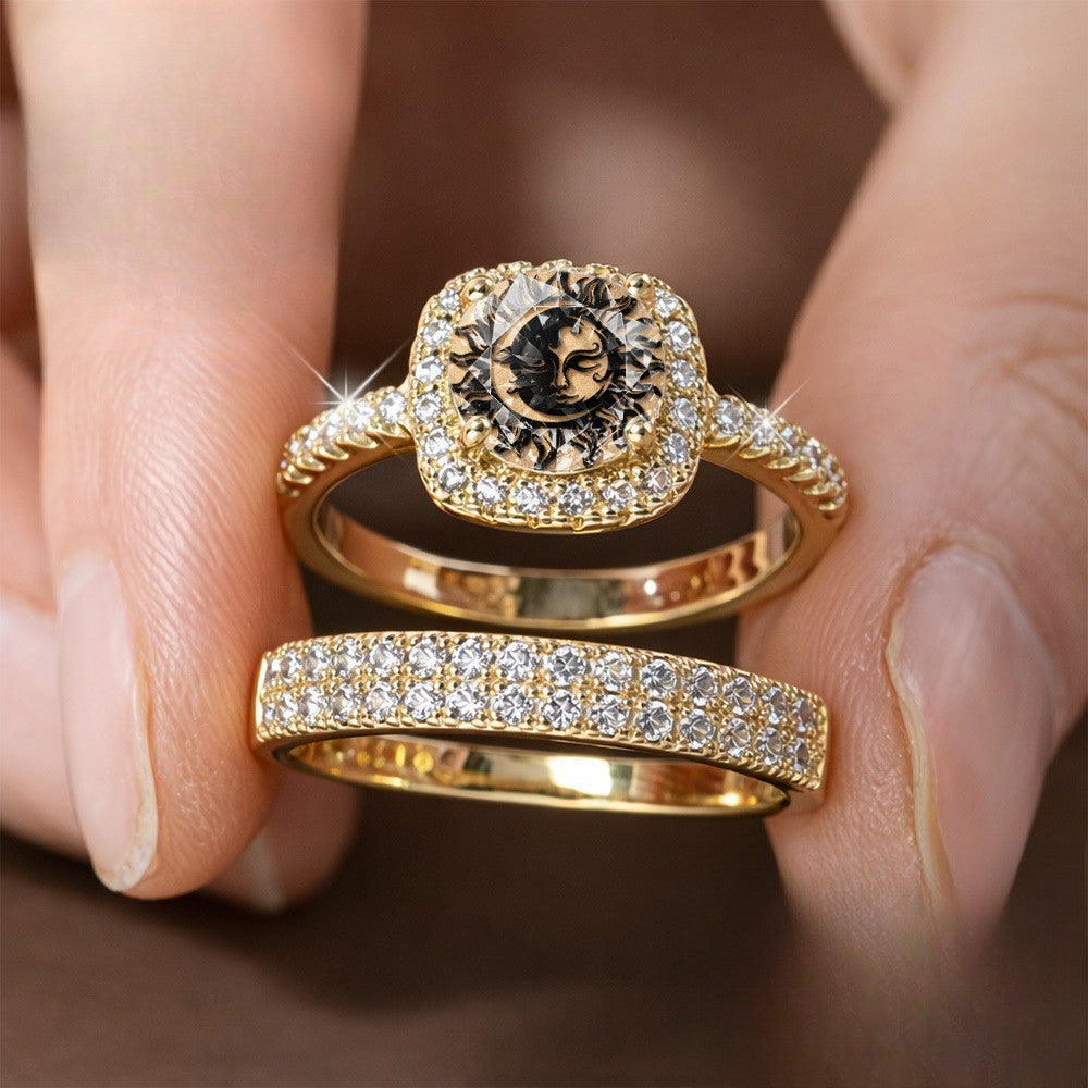 Sun Face Crystal Square Ring Set