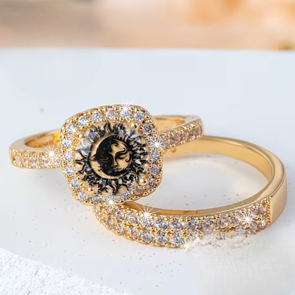 Sun Face Crystal Square Ring Set