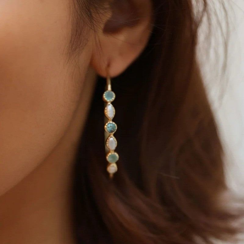 Blue Stone Marquise & Round Hoop Earrings